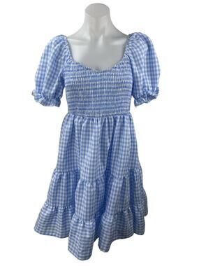 Dokuritu Blue Checkered Short Puff Sleeve Tiered Smocked Mini A-Line Dress Sz M